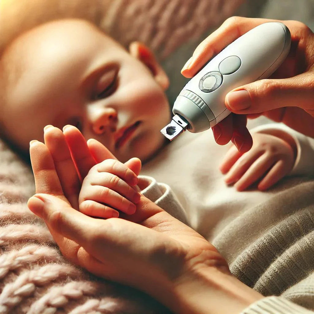 Smiling baby with electric baby nail trimmer, promoting safe and easy nail care with gentle operation.