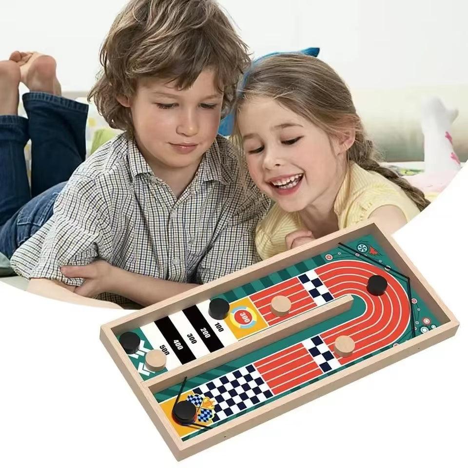 Kids enjoying Bounce Chess board game with colorful wooden pieces.