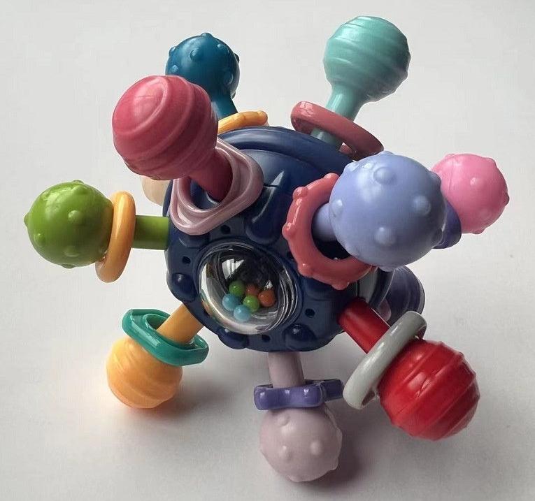 Colorful Baby Manhattan Finger Ball Rattle Toy with sensory knobs and rings for skill development.