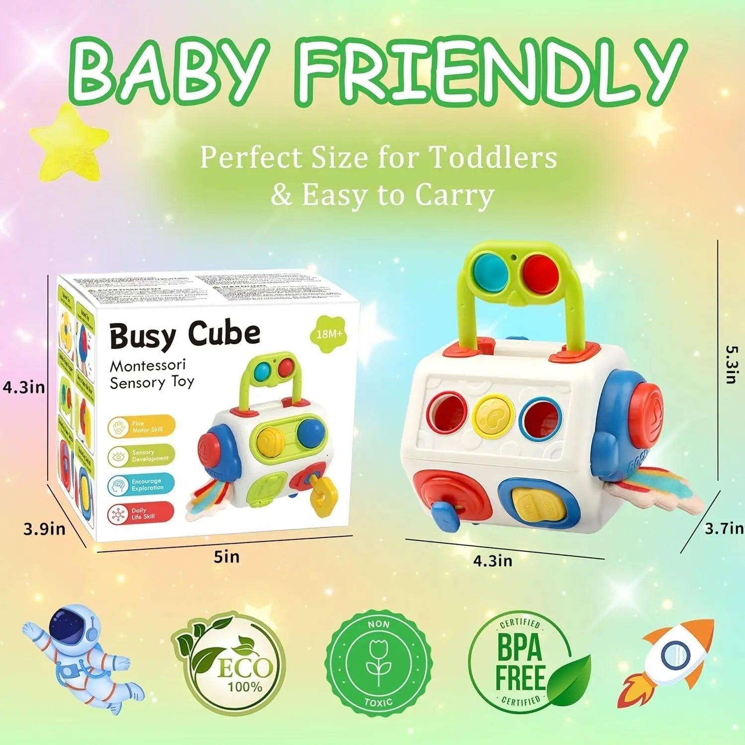 Montessori Busy Cube Sensory Toy for Toddlers - Eco-friendly developmental baby toy with interactive features, perfect for enhancing motor skills and creativity.