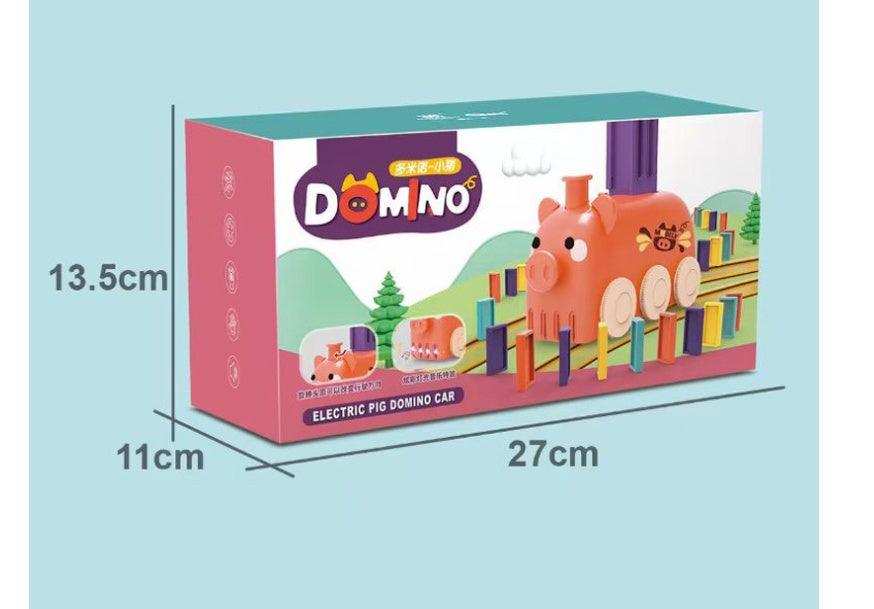 Domino Express Train Set packaging with cartoon train design, dimensions displayed.