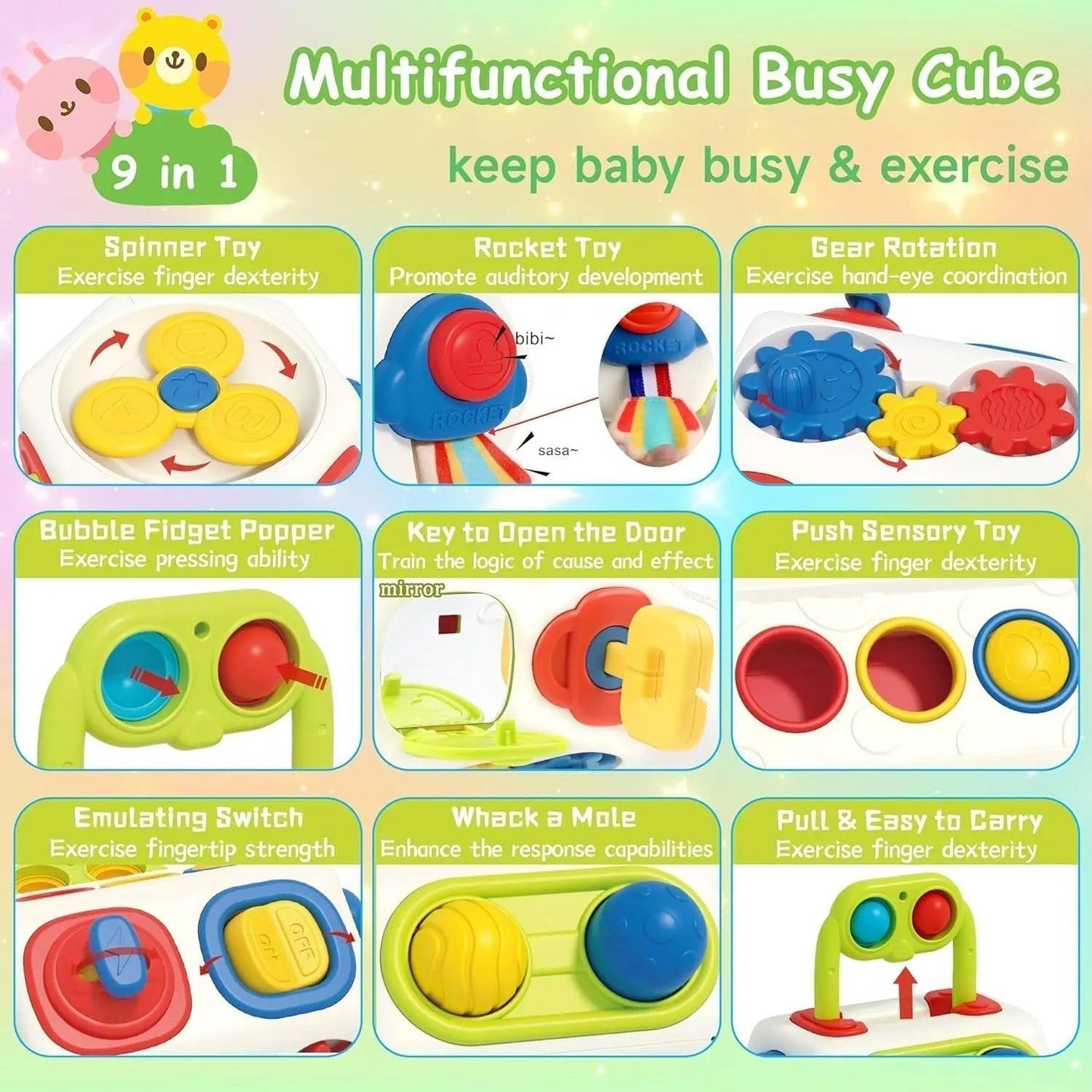 Montessori Busy Cube Sensory Toy for Babies and Toddlers - 9 in 1 Multifunctional Design, Enhances Motor Skills and Creativity.