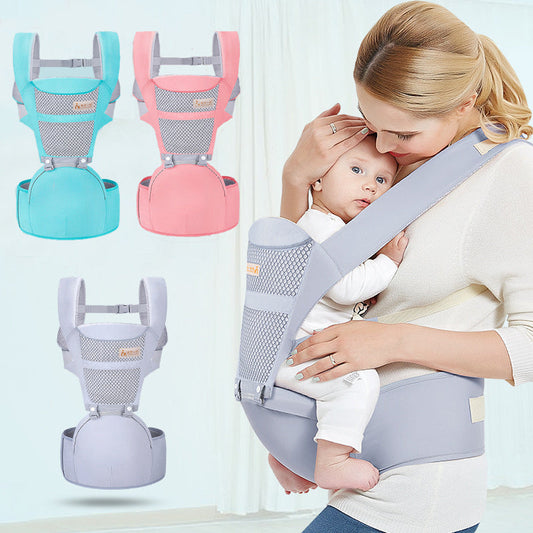 Multifunctional baby carrier waist stool in pink, blue, and grey with comfortable design for 0-48 months.