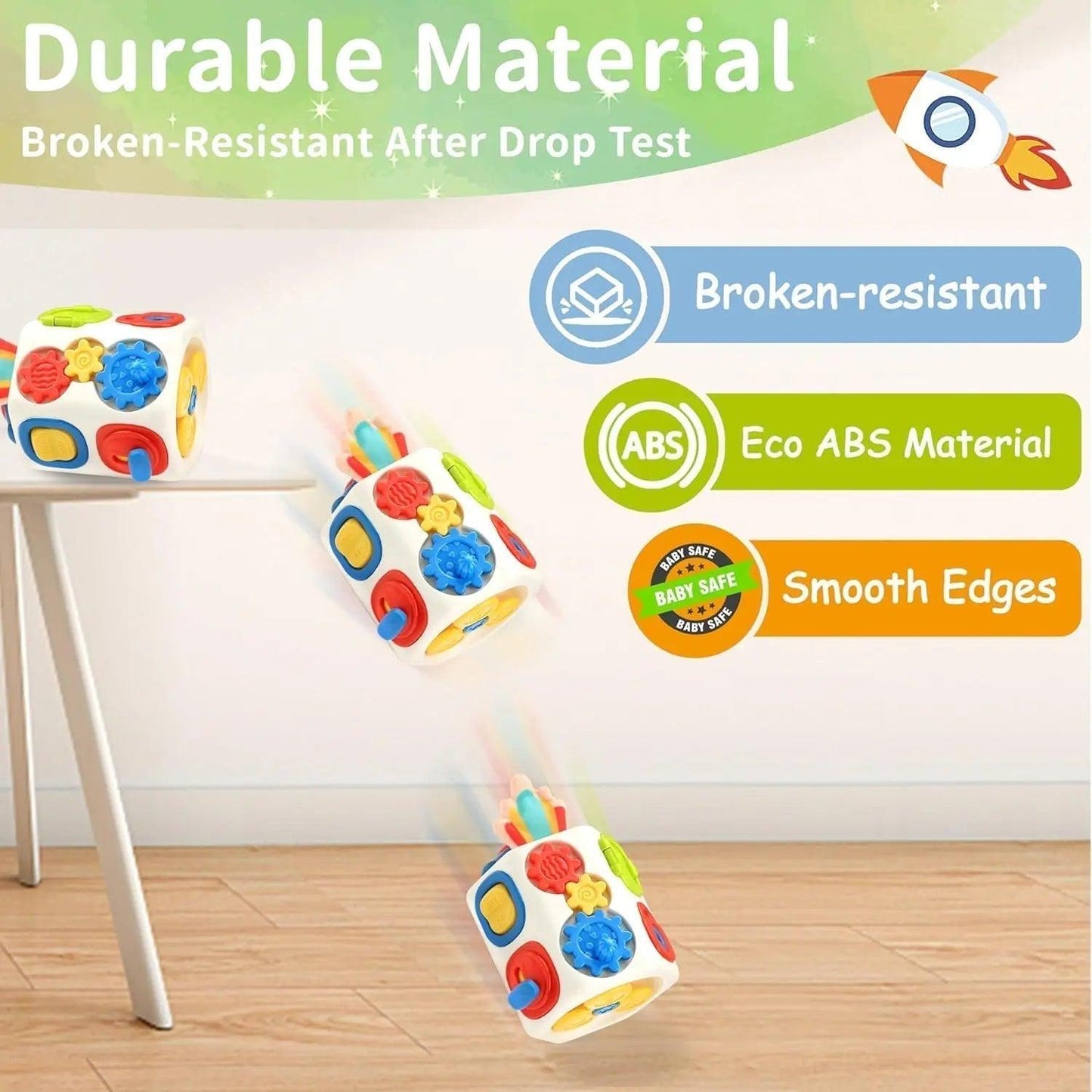 Durable Montessori Busy Cube Sensory Toy with eco-friendly ABS material and smooth edges, ideal for baby and toddler play.