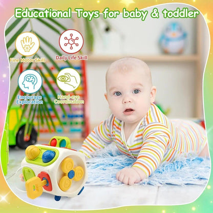 Educational baby and toddler playing with a colorful Montessori Busy Cube, showcasing features like fine motor skill development and hand-eye coordination enhancement.