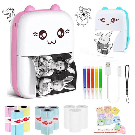 Mini Cat Wireless Printer with Bluetooth connectivity and thermal printing, includes multiple paper rolls and colored pens.