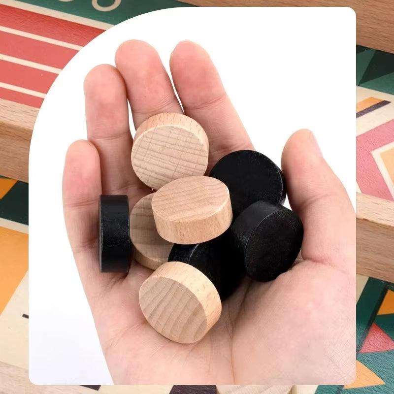 Hand holding wooden game pieces for Bounce Chess, featuring a colorful board background.