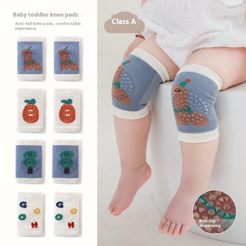 Baby wearing knee saver sleeves with cushioned, non-slip design for crawling protection.