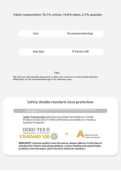 Fabric composition and size guide for Baby Knee Saver Sleeves, featuring cotton, nylon, and spandex blend. Suitable for ages 0-4 years.