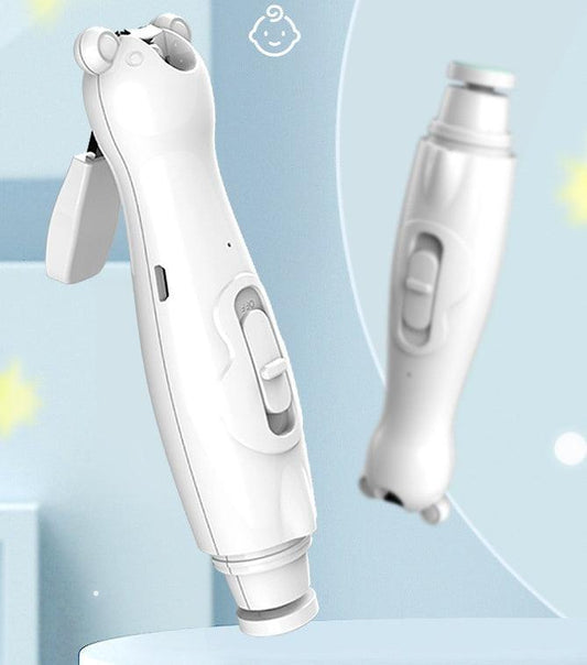 Rechargeable BabySafe Nail Care Kit with cutting and grinding modes, USB charging, and six grinding heads.