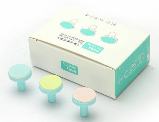 Electric baby nail sharpener kit with replacement polishing heads.