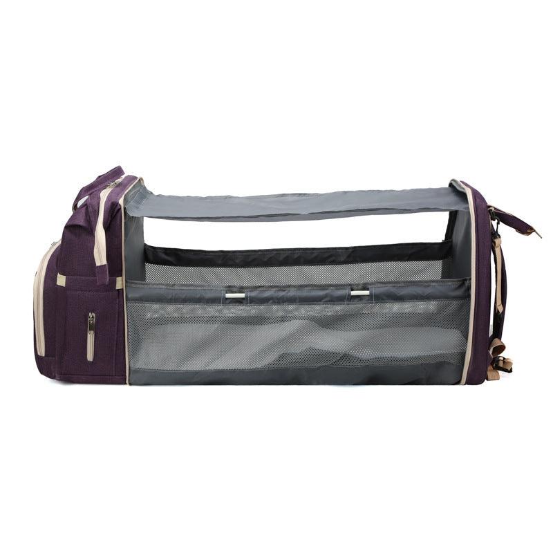 Portable double-shoulder large-capacity mommy bag with thermal insulation in purple, featuring a built-in diaper changing area.