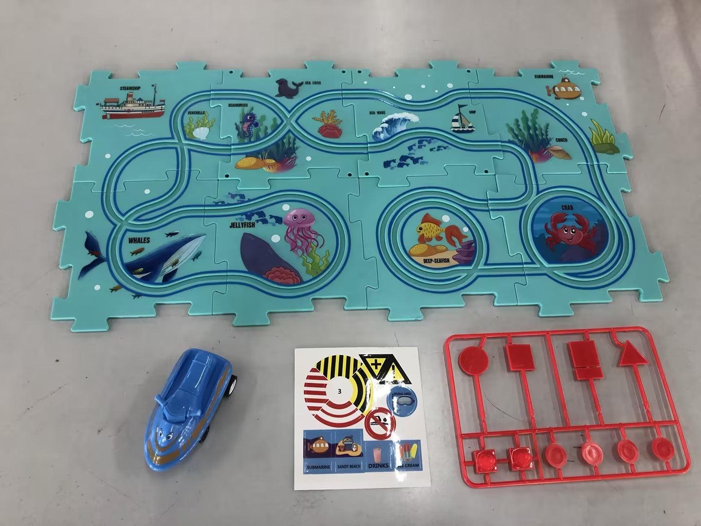 Children's electric puzzle railroad adventure set with speeder, enhancing creativity and problem-solving skills.