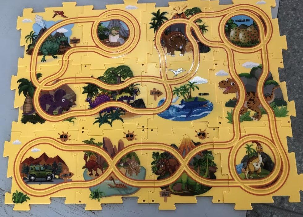 Children puzzle electric railroad adventure set with vibrant dinosaur-themed tracks.