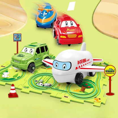 Children's electric puzzle railroad adventure set with colorful vehicles.