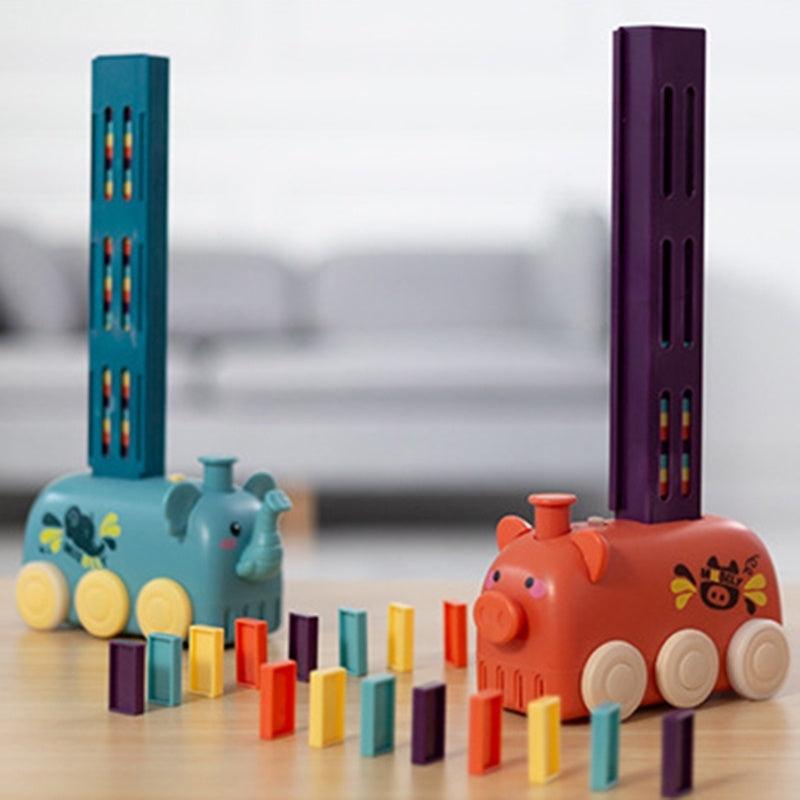 colorful domino train toy with stacking blocks on a table