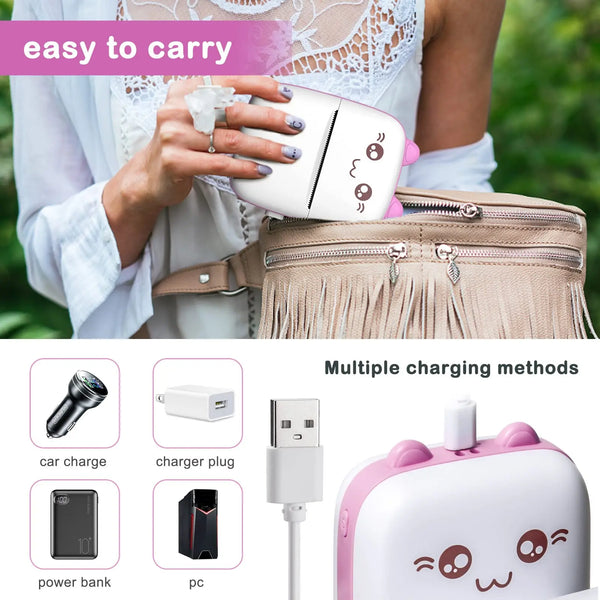 Mini Cat Wireless Printer being easily carried in a small handbag, showcasing portability and multiple charging methods.