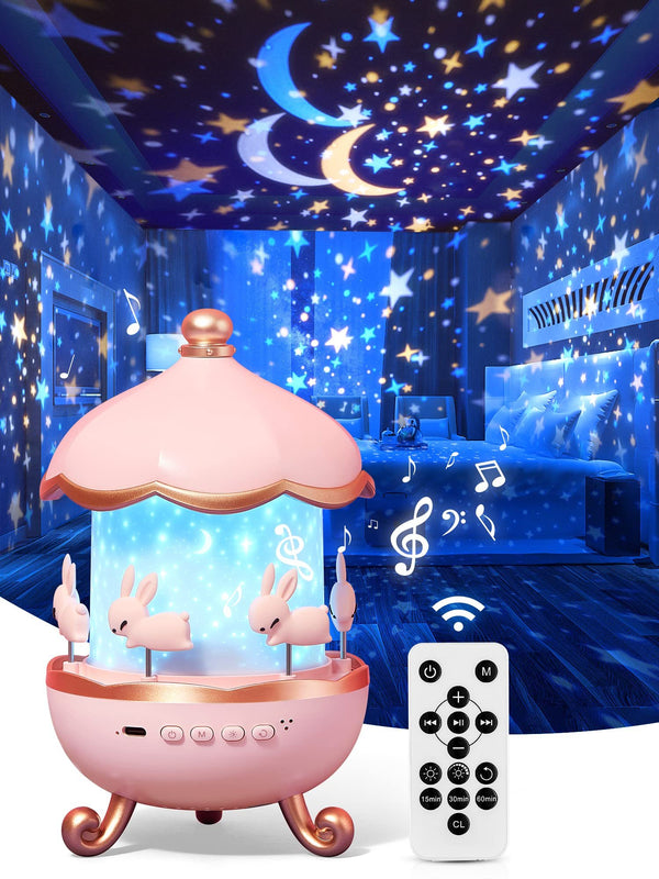 Magical Starry Night Lamp projecting soothing star and moon lights in a bedroom with remote control feature.