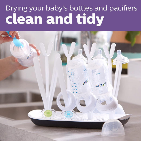 AirFlow Baby Bottle Drying Rack with bottles and pacifiers on a drip tray for optimal airflow.