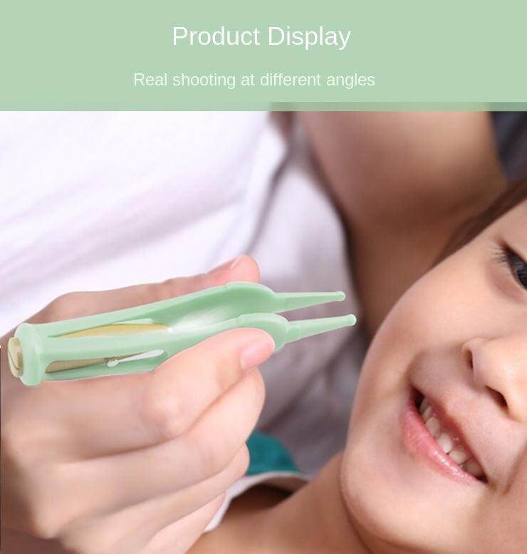 Child smiling as LumiNose Baby Cleansing Tool is demonstrated near the nose.