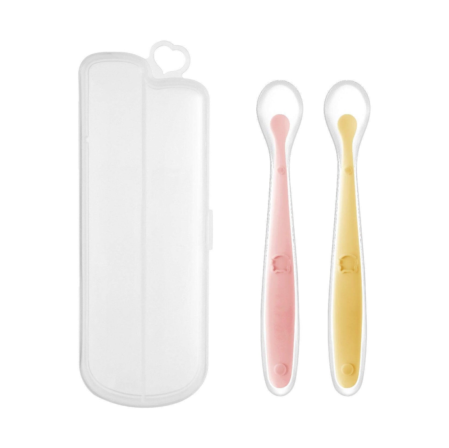 Silicone baby feeding spoons in pink and yellow with travel case.