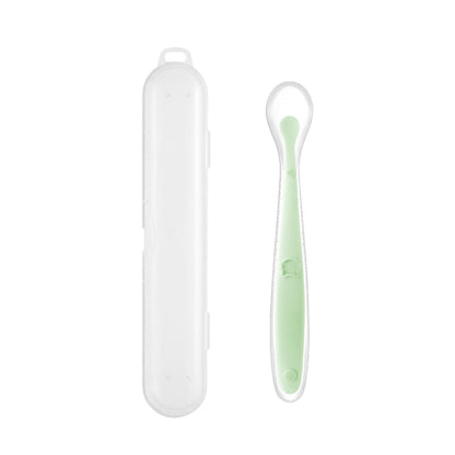 Silicone baby feeding spoon in green with a protective case, suitable for infants over 3 months.