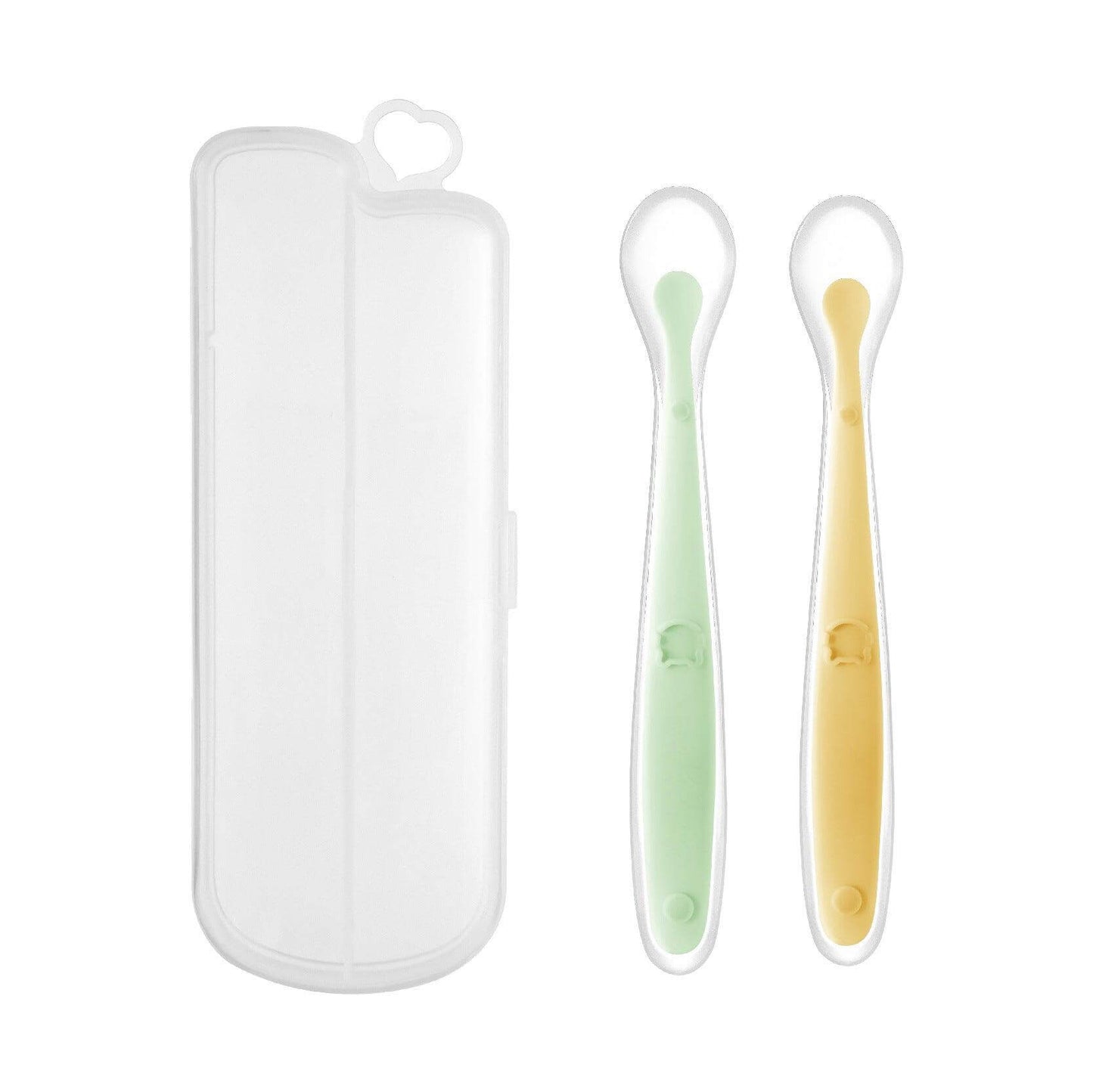 Silicone baby feeding spoon set with storage case, suitable for infants over 3 months.