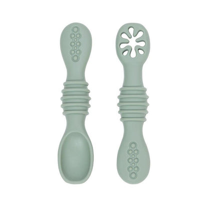 Silicone Baby Feeding Spoon Set in mint green, soft and ergonomic design.