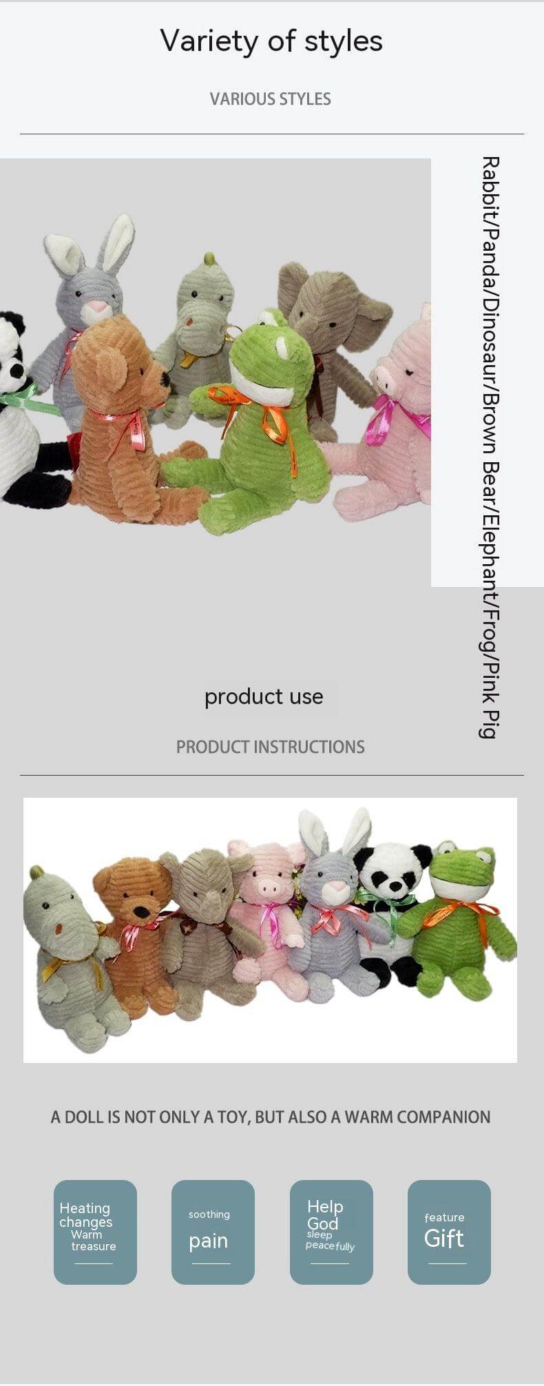 Variety of SnuggleWarm Animal Plush Heaters in different styles, ideal for warmth and comfort.