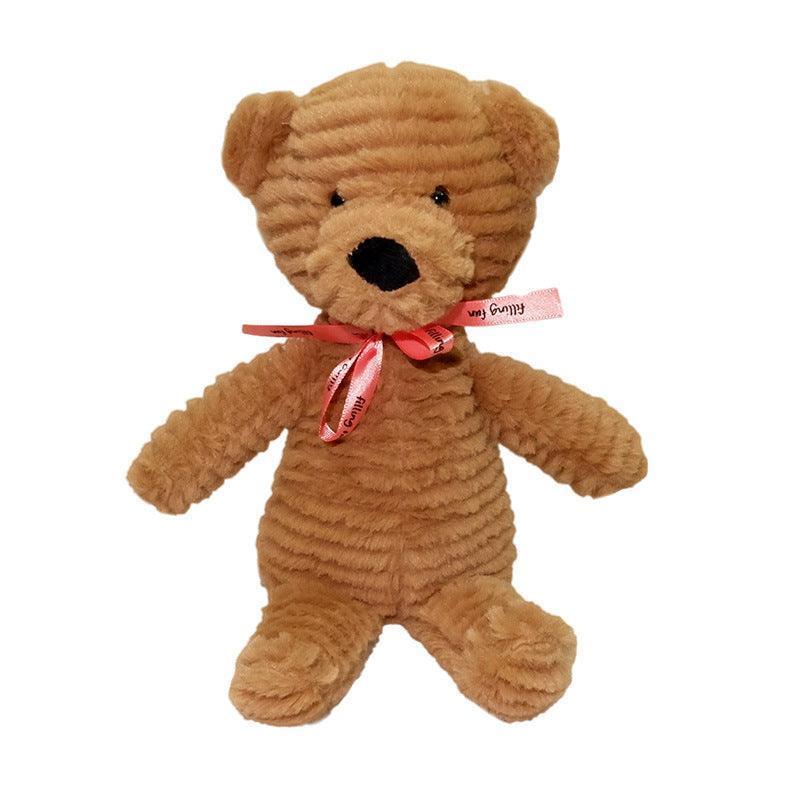 Cute brown teddy bear from SnuggleWarm Animal Plush Heaters with a red ribbon, perfect for warming hands and providing comfort.