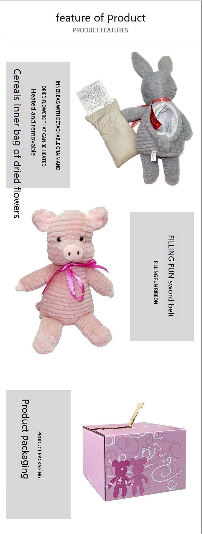 SnuggleWarm Animal Plush Heaters product features, including plush bear with removable insert and pink pig design.