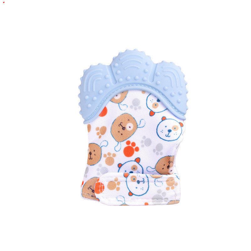 Silicone baby chew toys with blue teething glove for soothing gums.