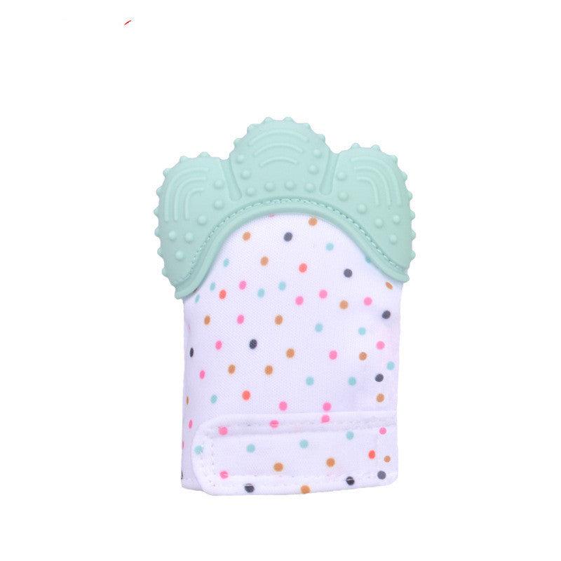 Silicone baby chew toy with textured surface and colorful polka dot design.