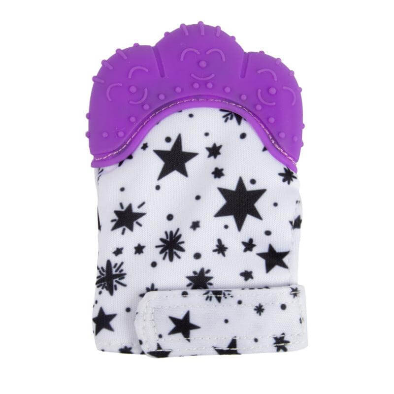 Silicone baby chew toy with purple textured top and star-patterned fabric.