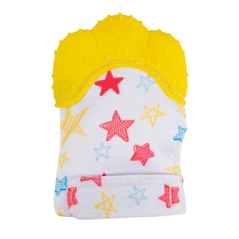 Silicone baby chew toy with colorful star design and textured yellow top for soothing teething relief.