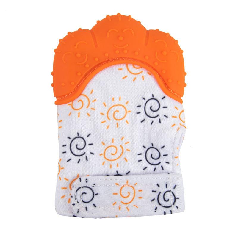 Silicone baby chew toy with orange top and sun pattern.