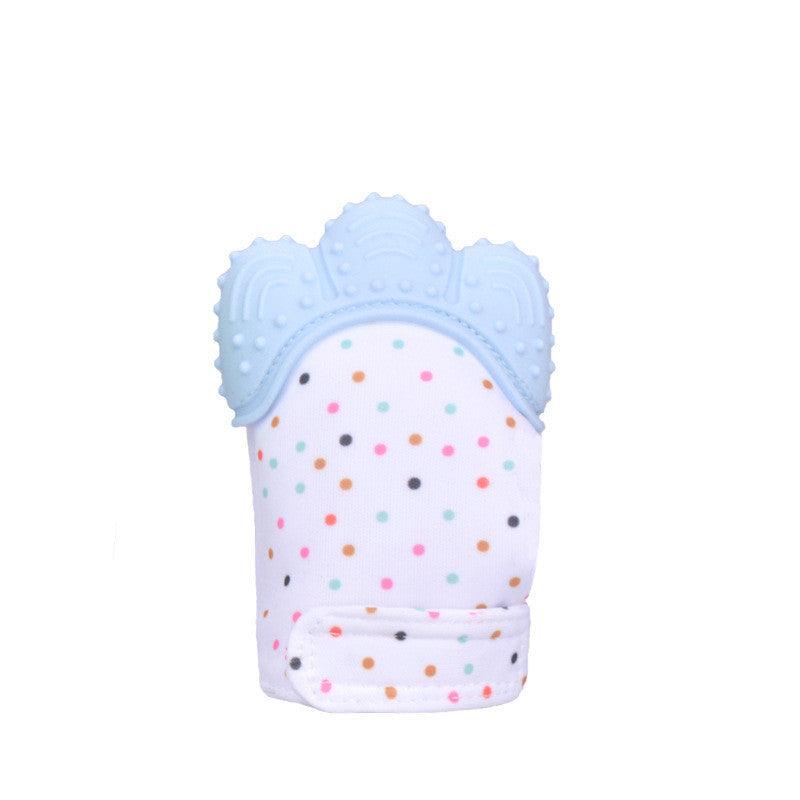 Silicone baby chew toy shaped like a glove with colorful polka dots, ideal for teething relief.