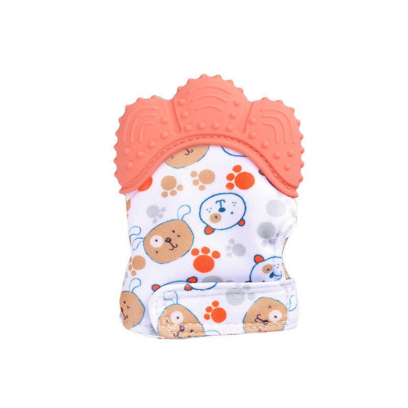 Silicone baby chew toy with colorful patterns and textured top for teething relief.