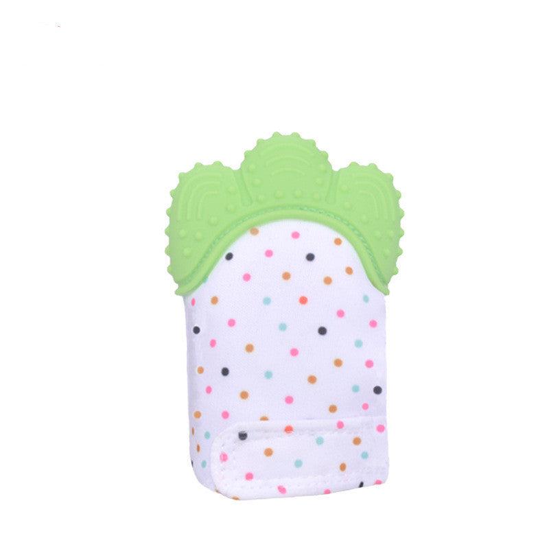 Silicone baby chew toy with colorful polka dots, safe and soothing for teething relief.