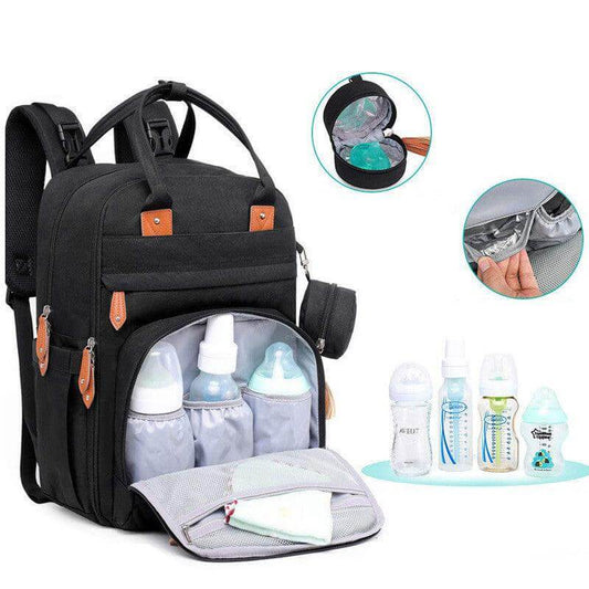 Ultimate Mommy Backpack with multiple compartments and included baby bottles.