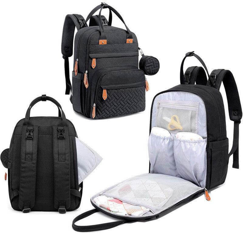 Ultimate Mommy Backpack with multiple compartments, black, open and closed views.