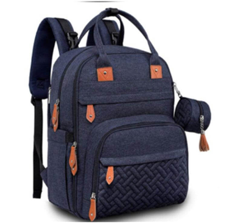 Ultimate Mommy Backpack in navy blue with multiple compartments for convenience and style.