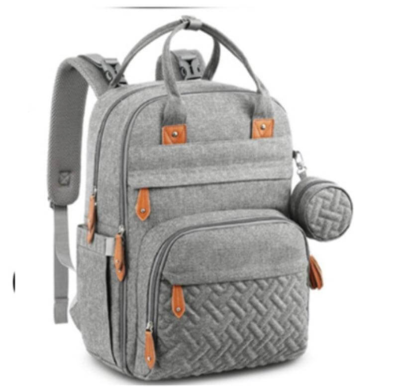 Ultimate Mommy Backpack in gray with multiple compartments and comfortable straps.